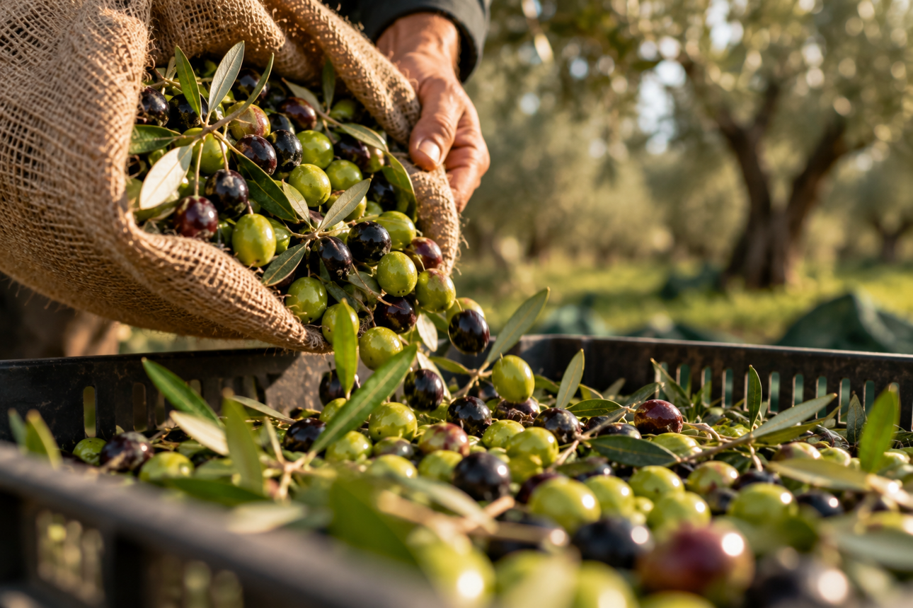 raccolta delle olive al tramonto