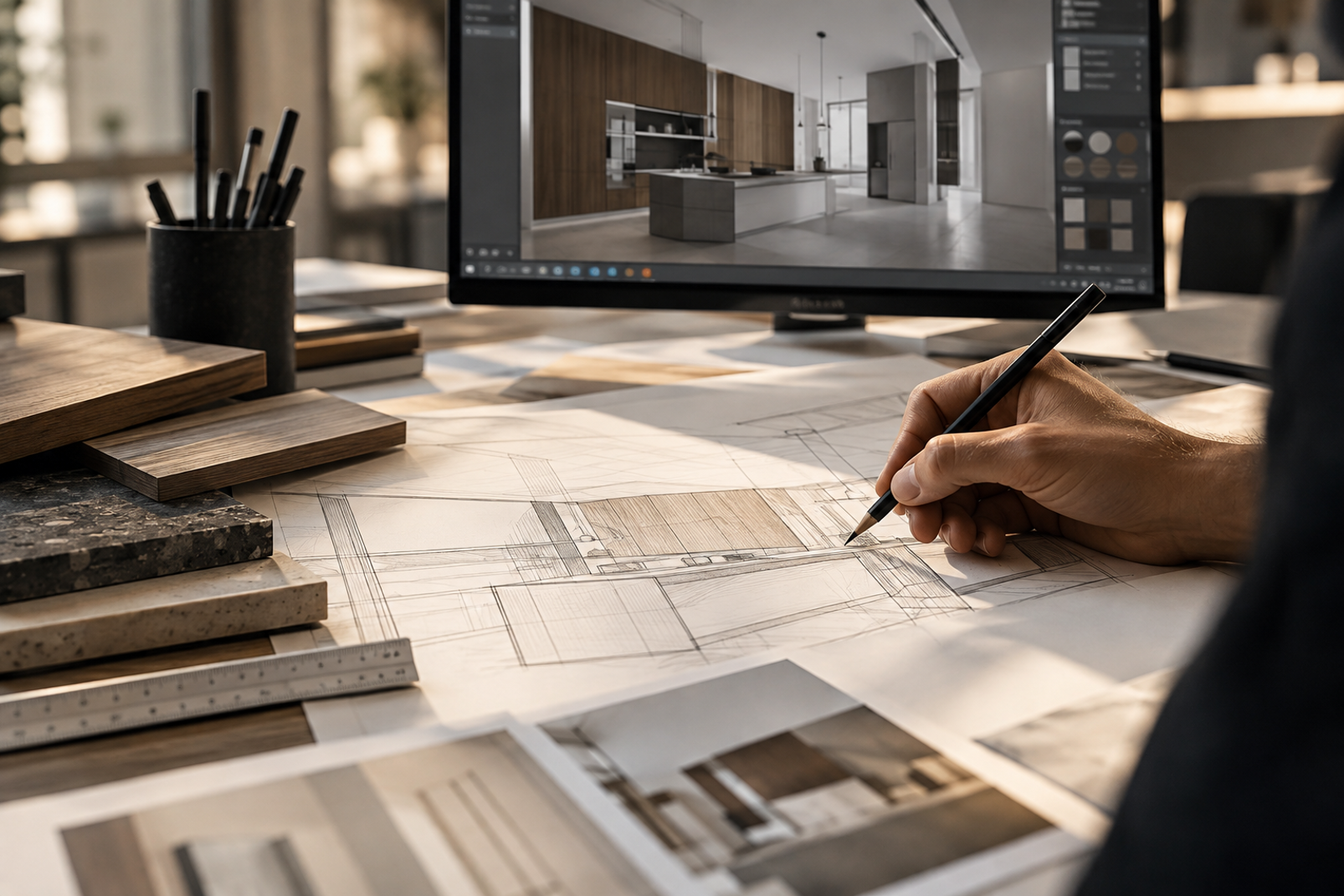 studio di interior design_ schizzi e rendering 3d