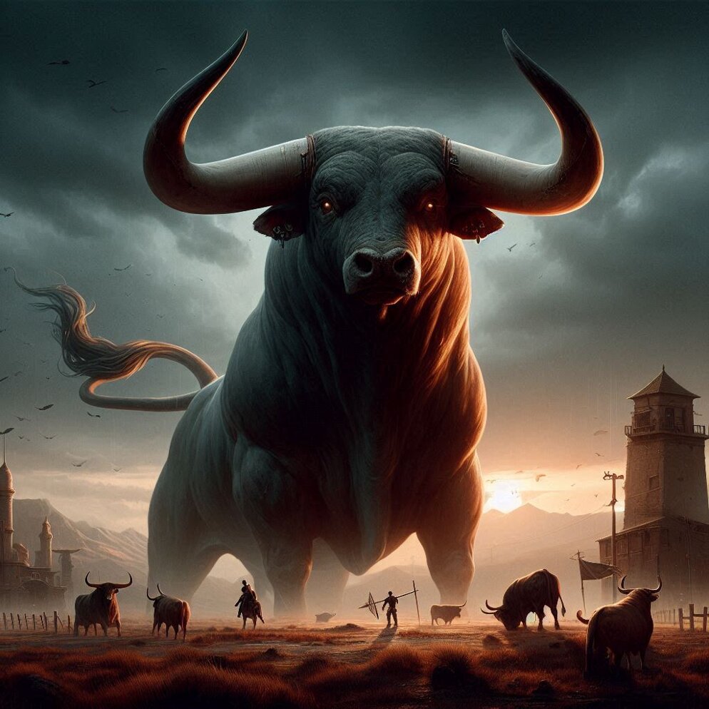 un toro con corna lunghe possente che fa tramare la terra (1).jpeg