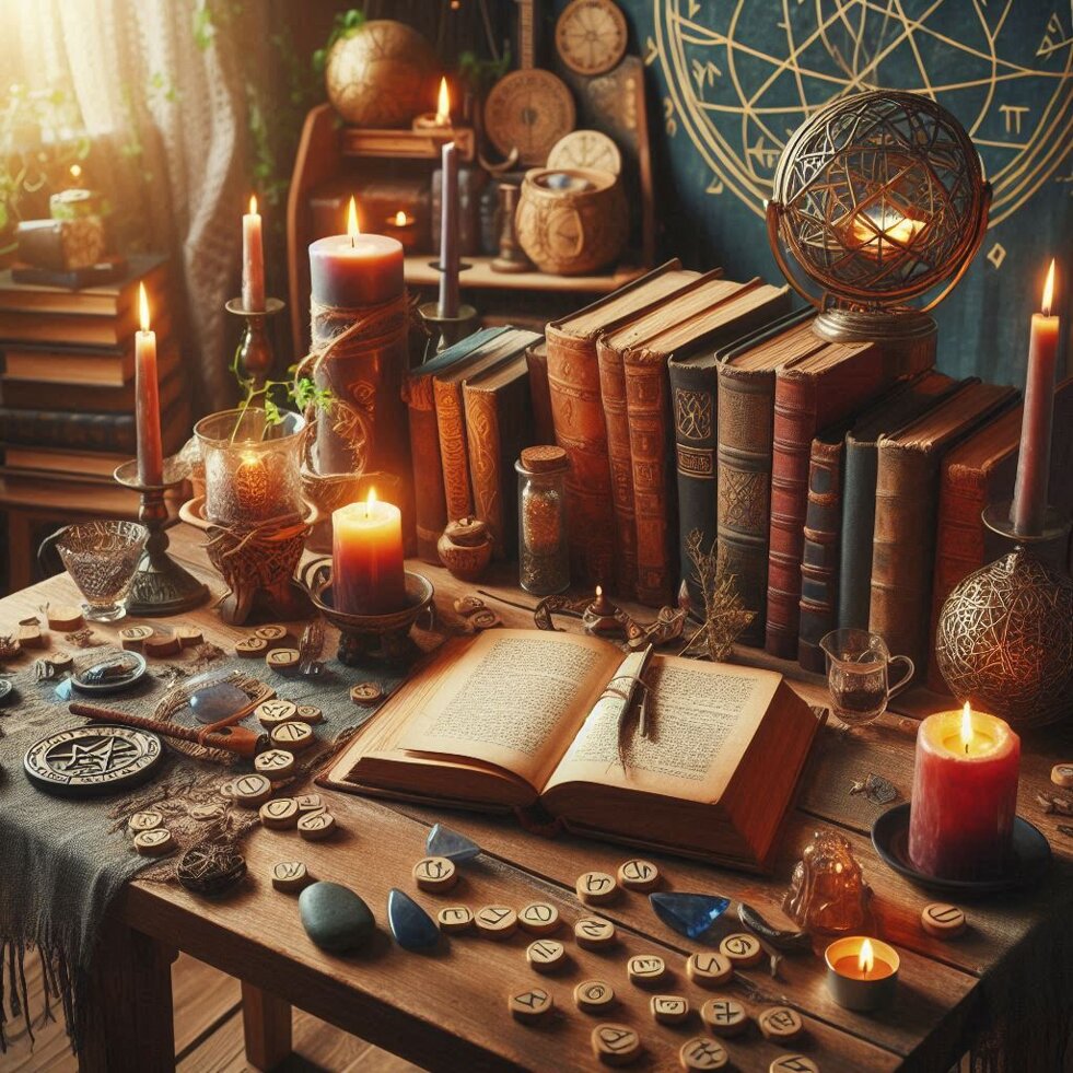 tavolo con rune, libri e candele in atmosfera magica e luminosa, ambiente di studio.jpeg