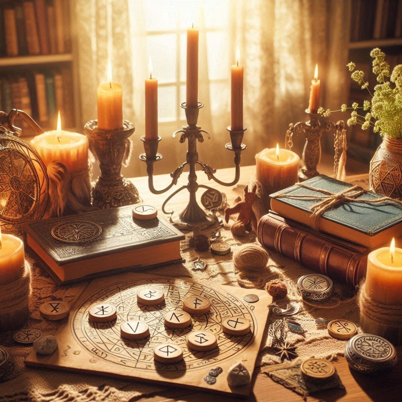 tavolo con rune, libri e candele in atmosfera magica e luminosa, ambiente di studio.jpeg