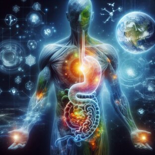 corpo umano con dentro una mappa simbolica, ambiente olistico e luminoso.jpeg