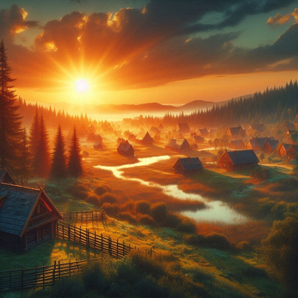sole che nasce che infonde speranza, ambiente celtico, foresta e villaggio.jpeg