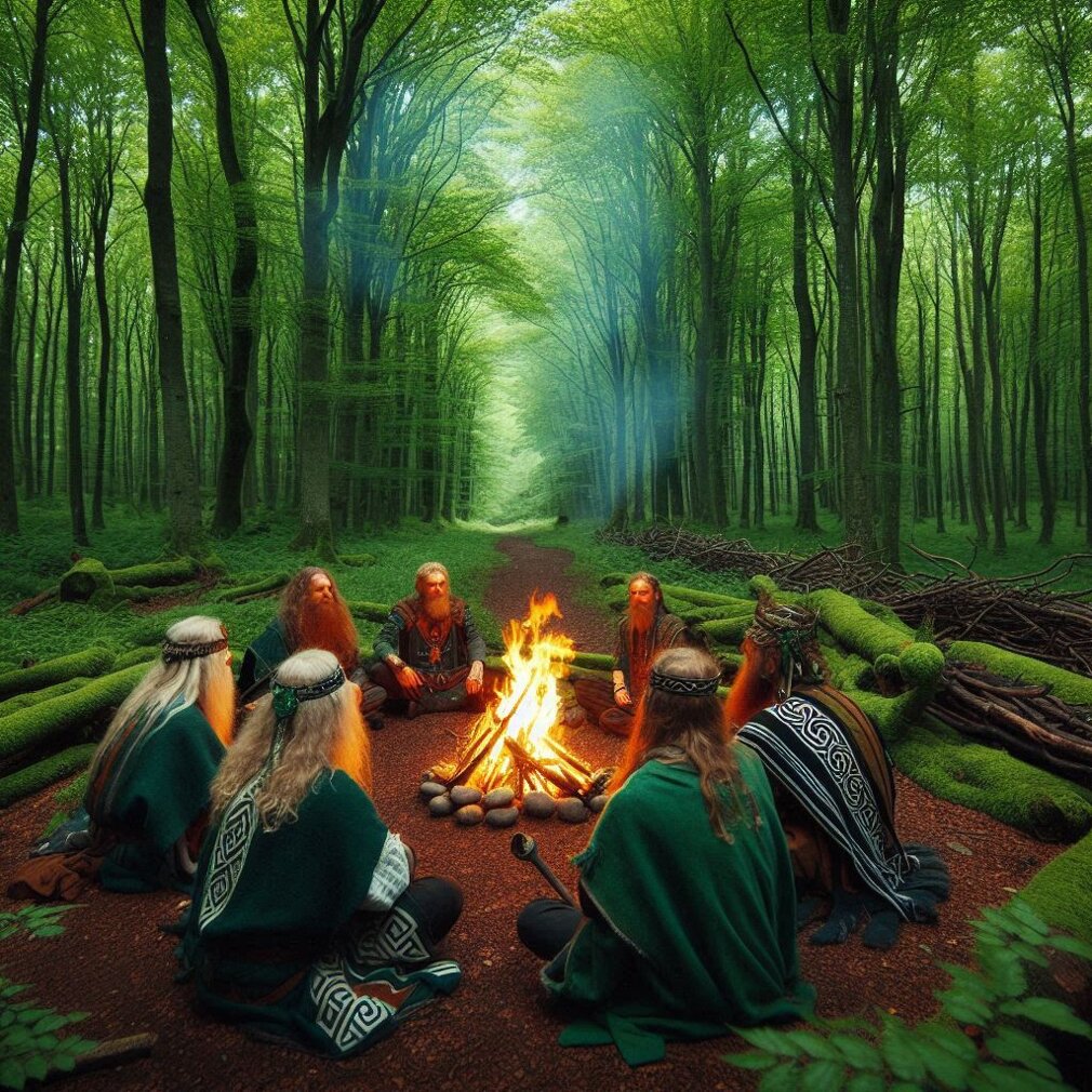 druidi celtici intorno al fuoco foresta verde luminosa (1).jpeg