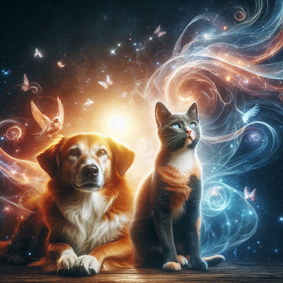 cane e gatto sereni e felici , energia lumisosa che avvolge gli animali e li illumina (2).jpeg