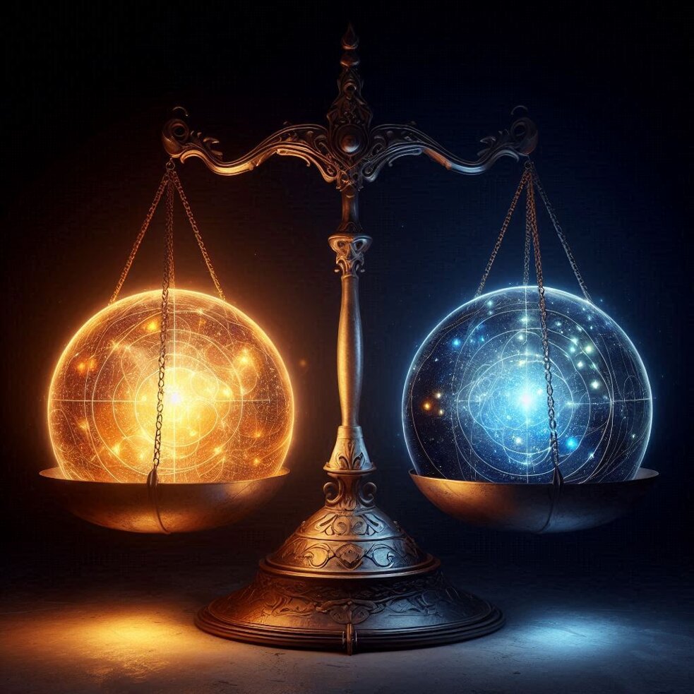 una antica bilancia a due piatti, dentro un piatto della bilancia una sfera di energia scura e nell' (1).jpeg
