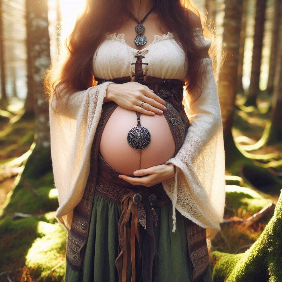donna in cinta, abiti celtici, foresta e luminosita.jpeg