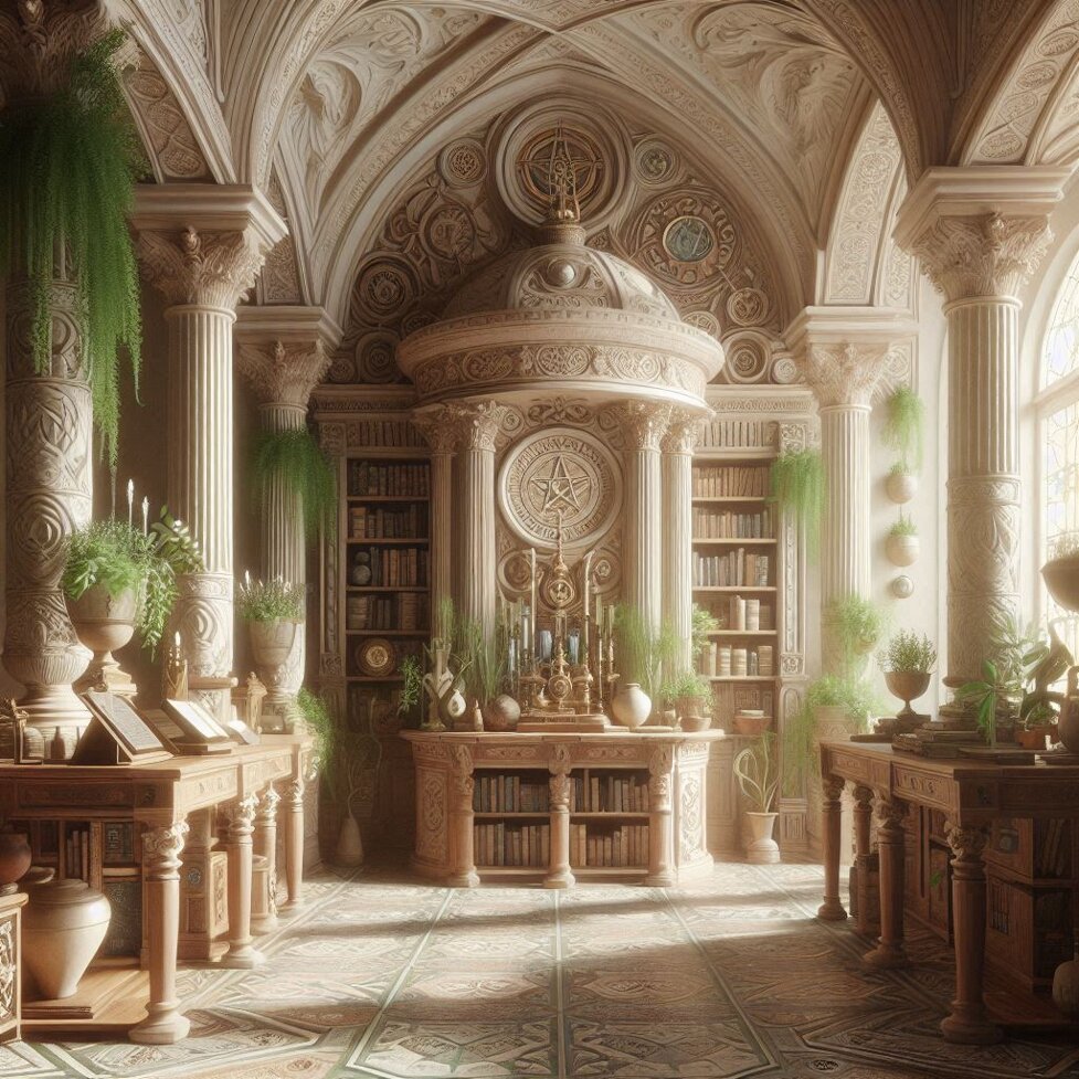 antica libreria esoterica con colori chiari e piante verdi.jpeg