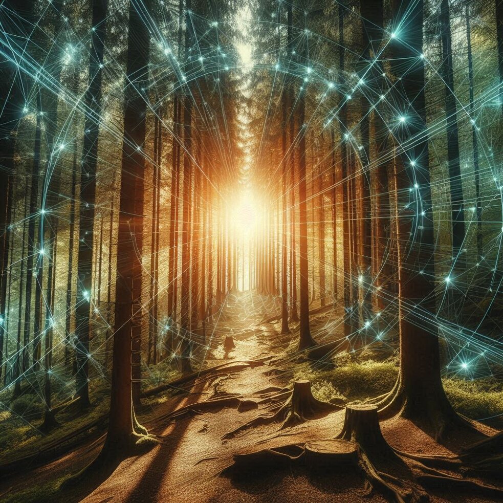 foresta, natura fili di energia che si connettono tra fili alberi come una ragnatela di energia ambi.jpeg