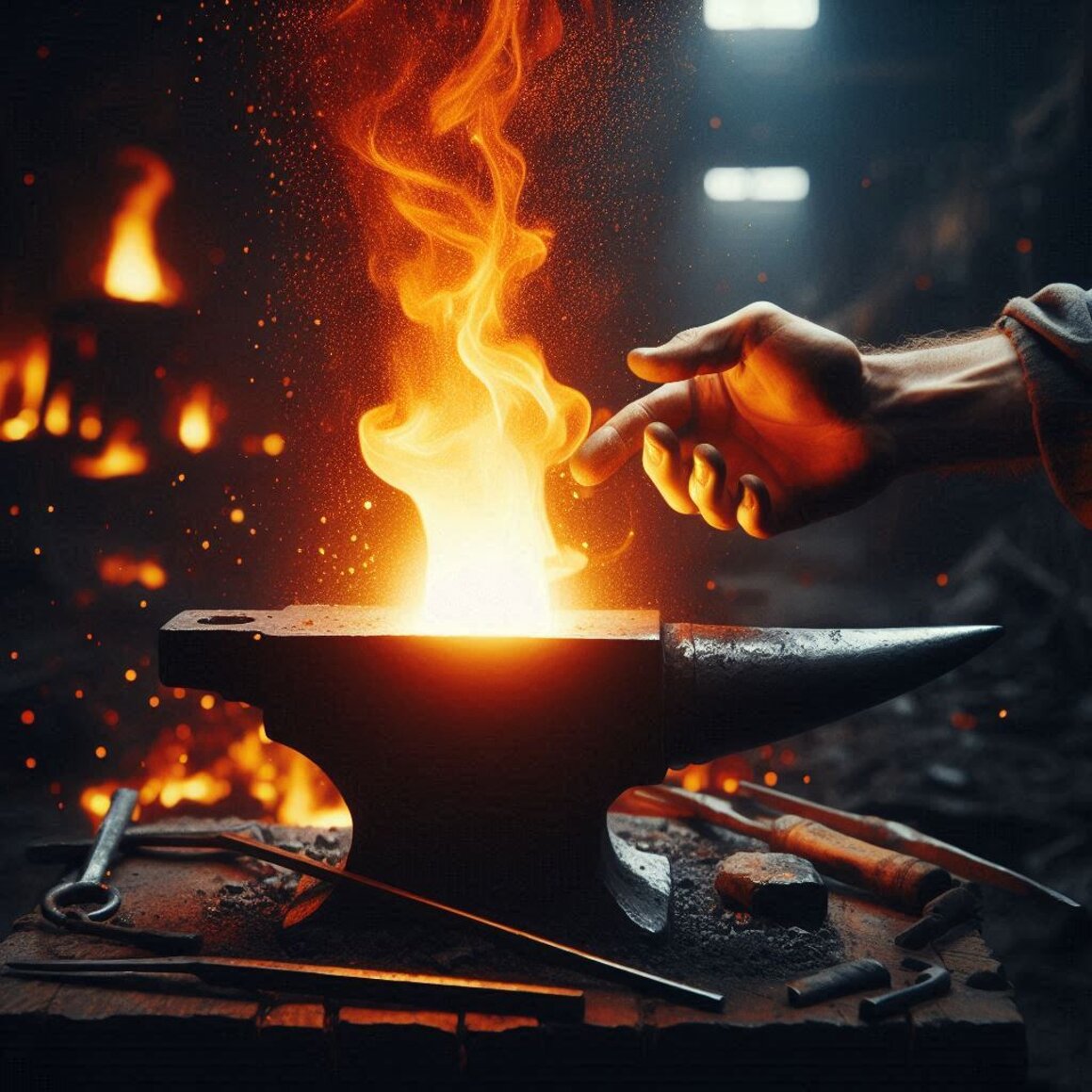 fiamma viva di una fucina, guidata dalla mano esperta dell'artigiano che plasma il metallo incandesc.jpeg