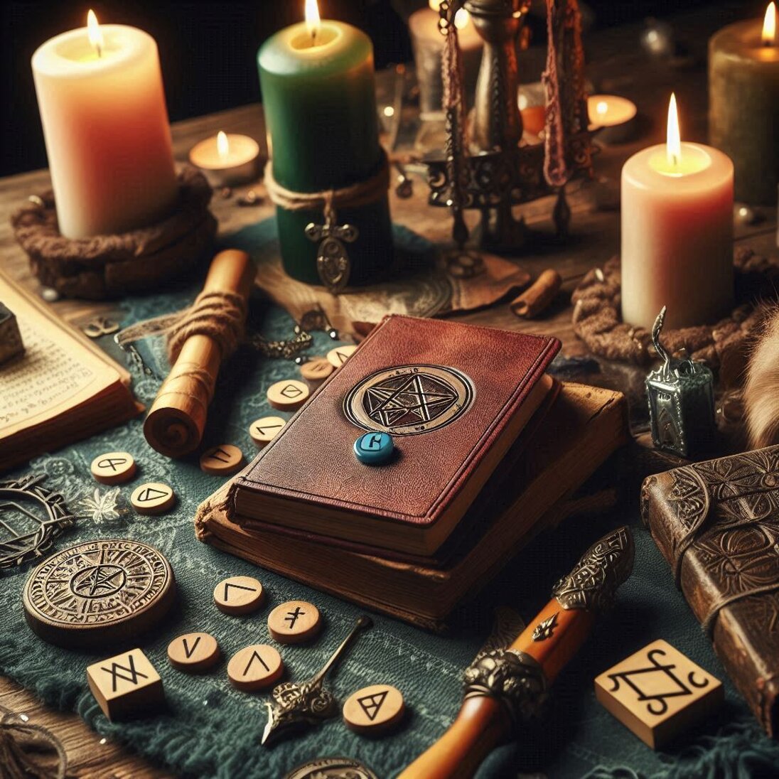divinazione runica, estrazione di 1 singola runa, tavolo, candele libri atmosfera mistica ma luminos (1).jpeg