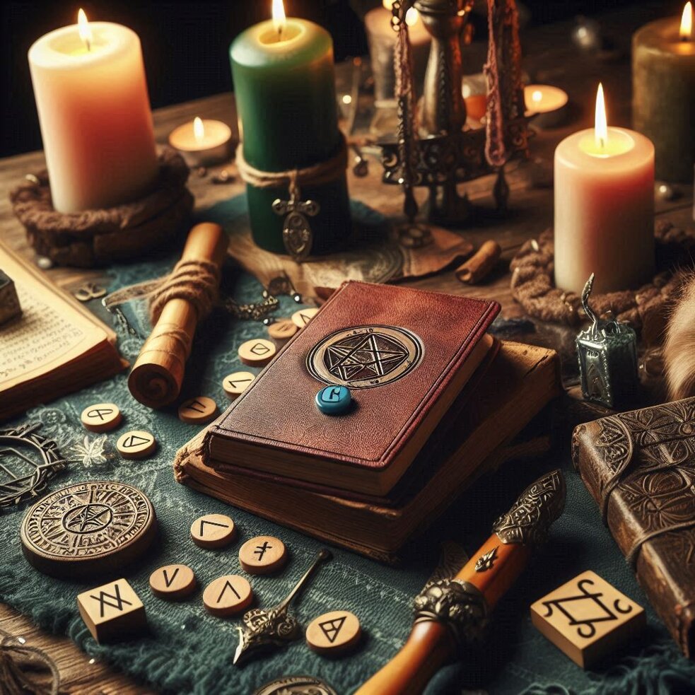 divinazione runica, estrazione di 1 singola runa, tavolo, candele libri atmosfera mistica ma luminos (1).jpeg