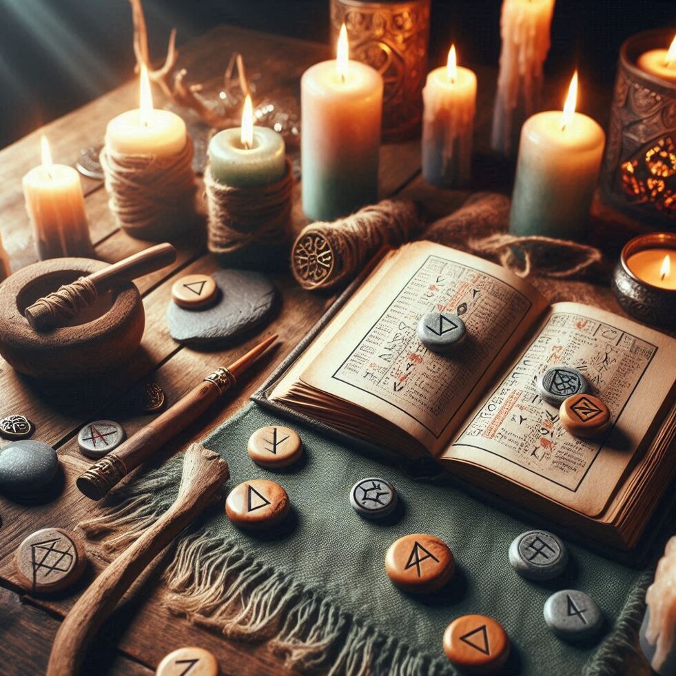 divinazione runica, estrazione di 1 singola runa, tavolo, candele libri atmosfera mistica ma luminos (3).jpeg