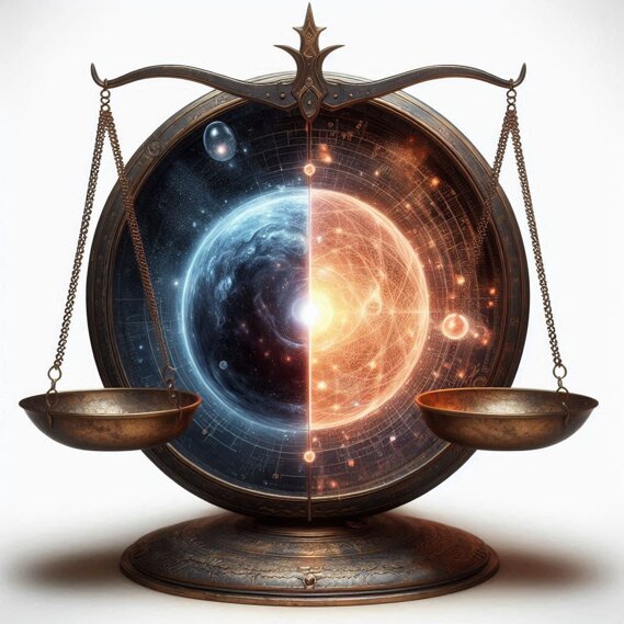 una antica bilancia a due piatti, dentro un piatto della bilancia una sfera di energia scura e nell'.jpeg