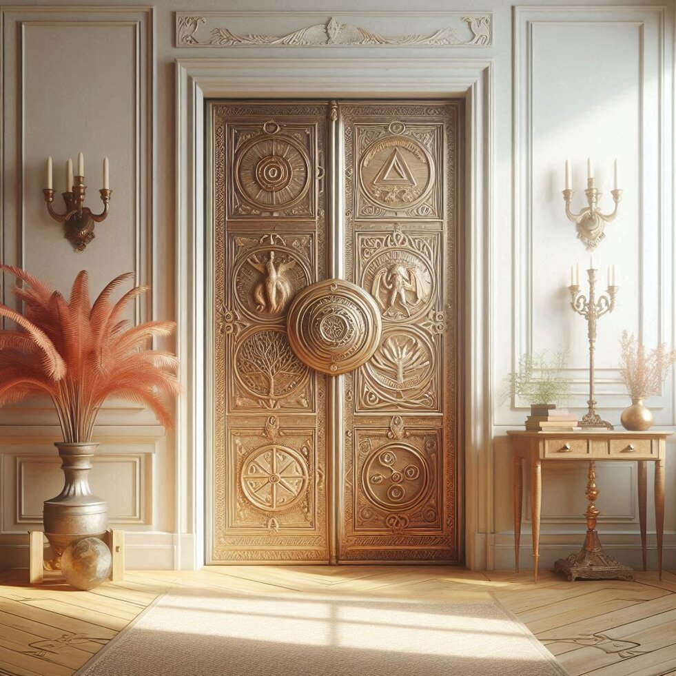 porta antica con simboli, luminosa in ambiente chiaro.jpeg