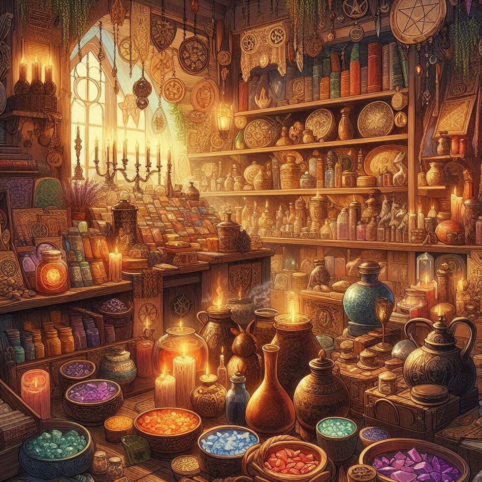 negozio bazar di pietre, pozioni, incensi, candele, simboli, libri. con colori caldi e luminosi (1).jpeg