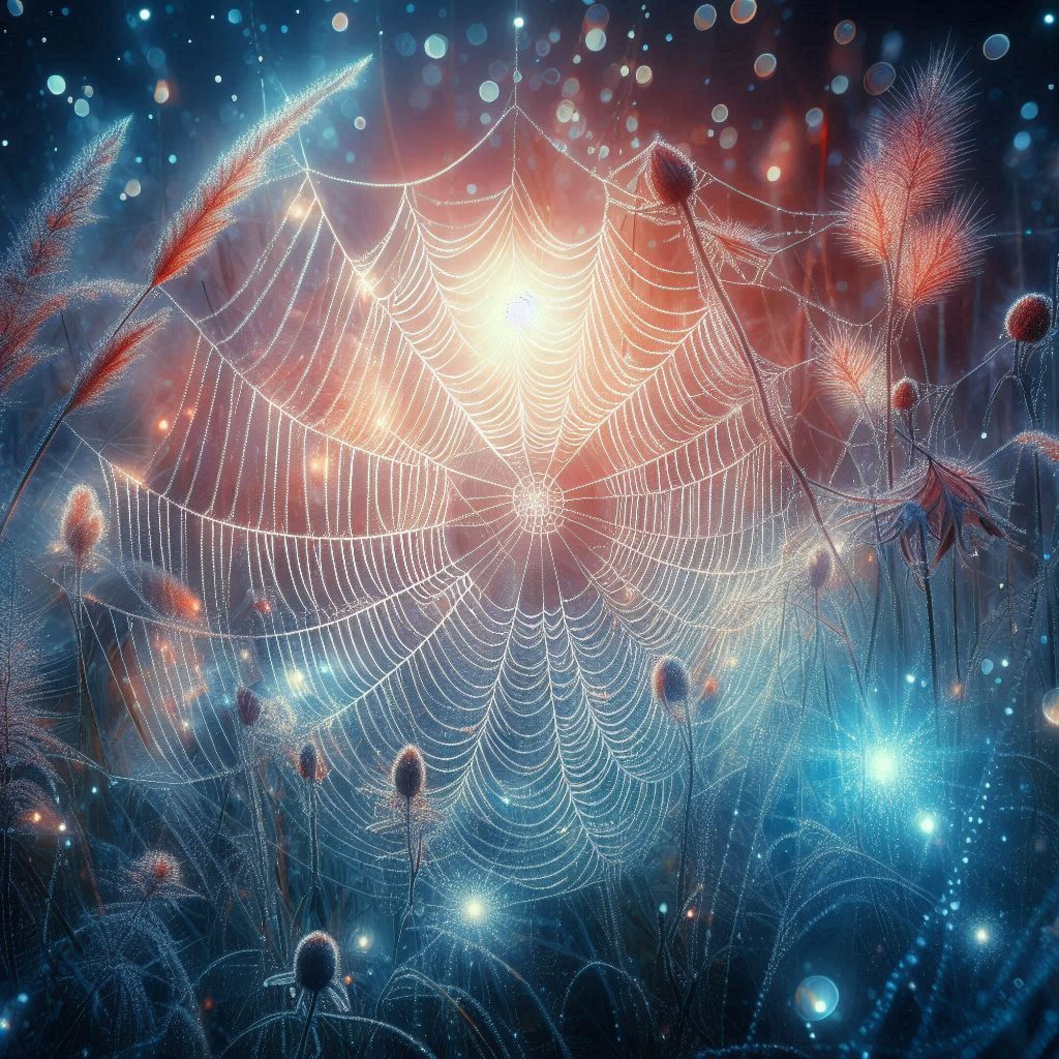 in primo piano ragnatela luminosa, con gocce di rugiada, piante e ambiente luminoso (1).jpeg