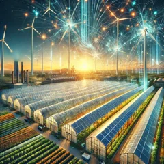 dall·e 2025-02-19 20.36.56 - an ultra-high-quality, hyper-detailed square illustration of an agricultural renewable energy community with agrivoltaics in greenhouses, visually rep