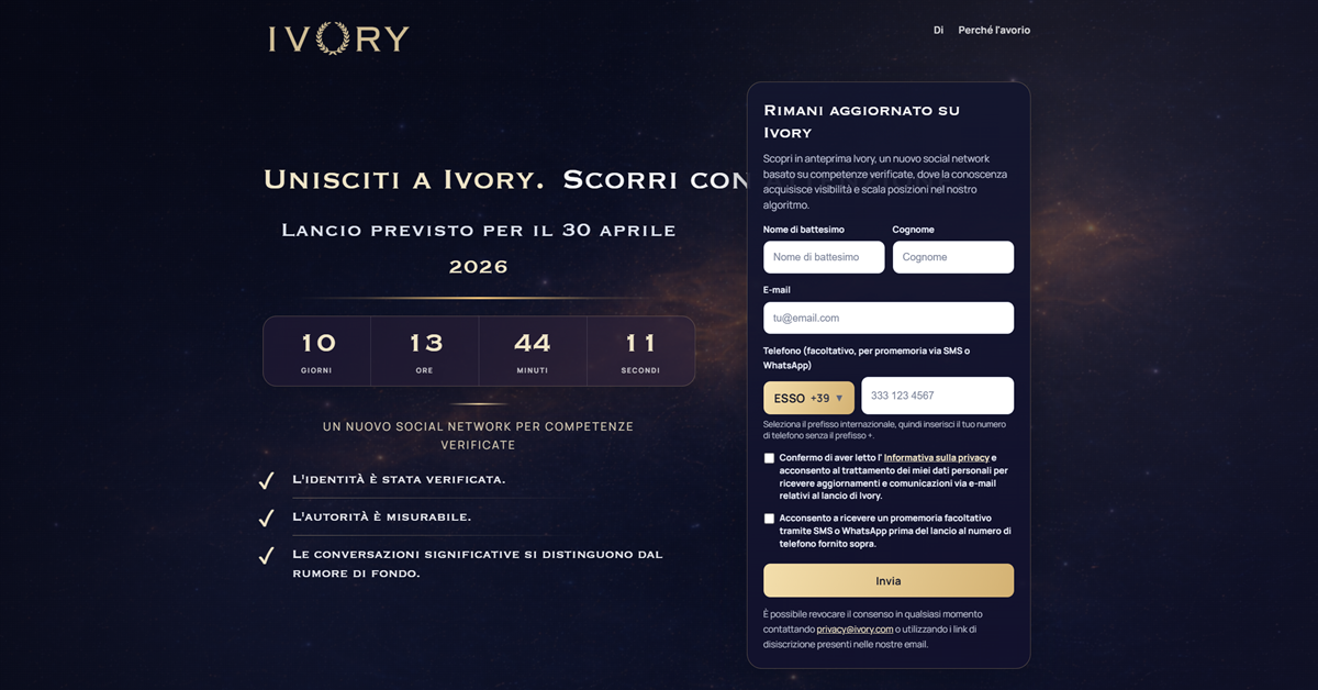 Ivory, il social italiano che punta su competenza e qualit&agrave;, debutta il 30 aprile 2026