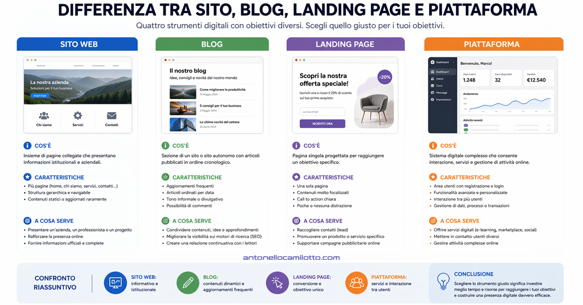 Differenza tra sito, blog, landing page e piattaforma