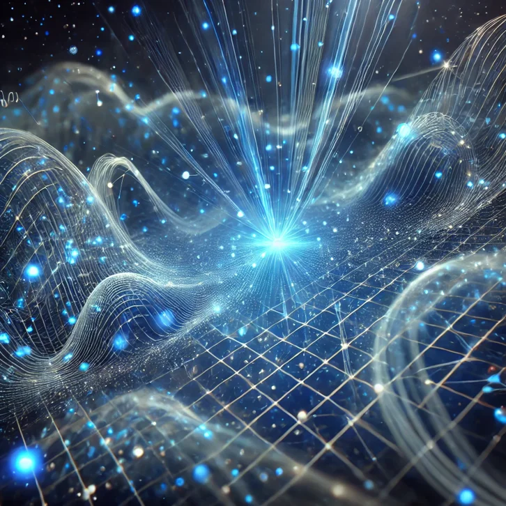 dall·e 2024-12-12 18.47.25 - a 3d visualization of quantum point interactions in space, showing glowing points of interaction as bright blue dots in space, surrounded by transluce