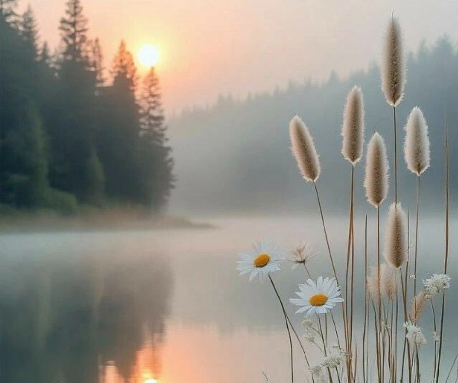 Paesaggio delicato all’alba sul lago con fiori spontanei: immagine simbolo del ritorno al desiderio dopo anni di adattamento