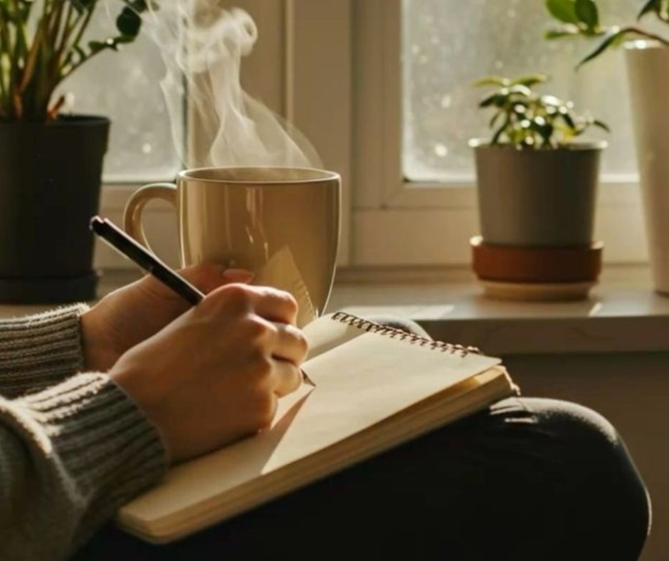 Piccoli passi consapevoli: una donna scrive su un quaderno accanto a una tazza calda, simbolo di desideri che diventano azioni senza forzare
