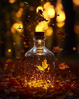 Bottiglia con foglie e luce dorata nel bosco autunnale, simbolo di magia interiore, introspezione e rinascita emotiva ispirata allo stile Hygge.
