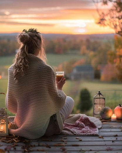 Donna avvolta in una coperta che osserva il tramonto con una tazza in mano, simbolo di calma e presenza nello stile Hygge. Donna avvolta in una coperta che osserva il tramonto con una tazza in mano, simbolo di calma e presenza nello stile Hygge.