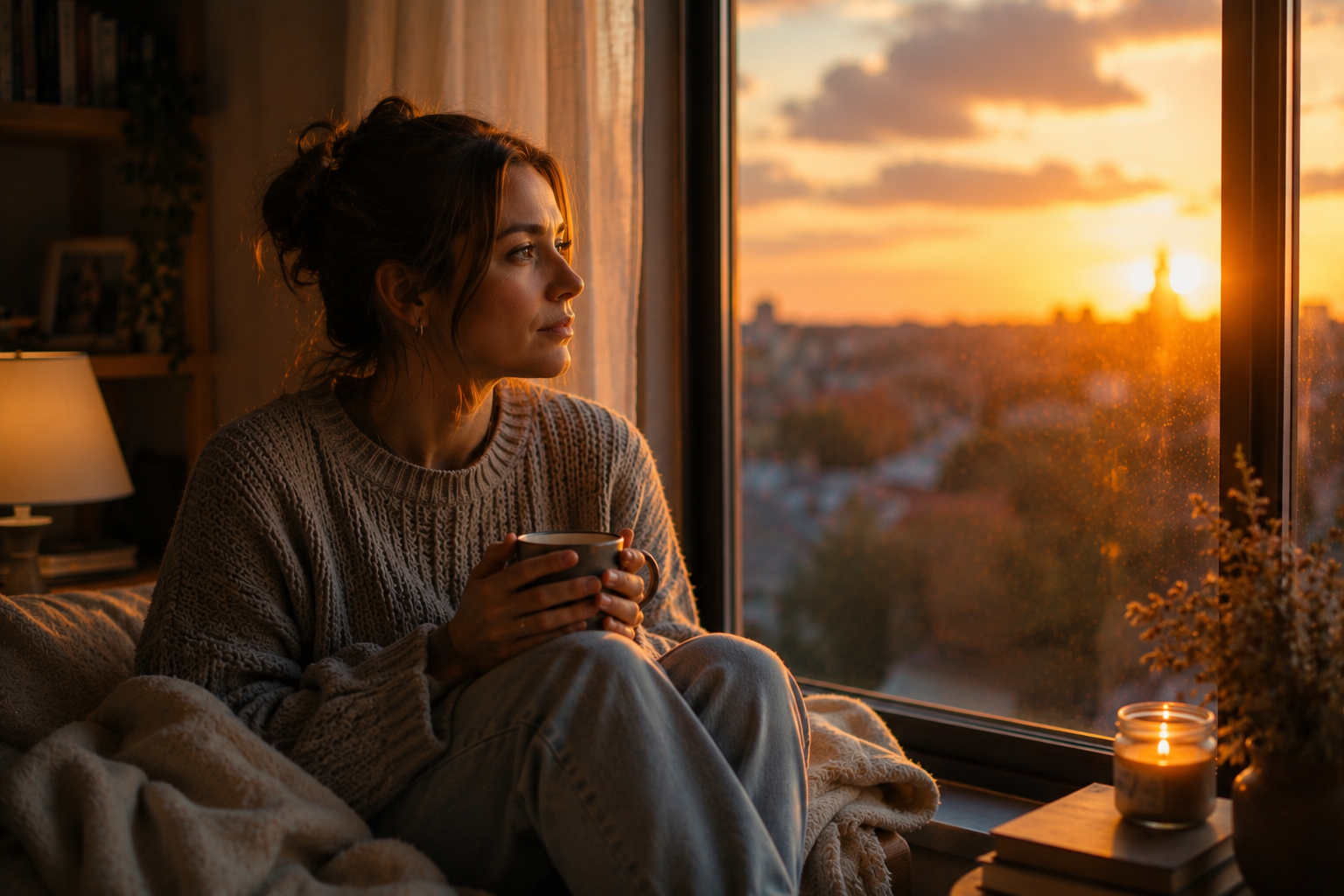 Ti riconosci in questa situazione? Giovane donna vicino a una finestra al tramonto con una tazza tra le mani in un momento di calma e recupero serale.