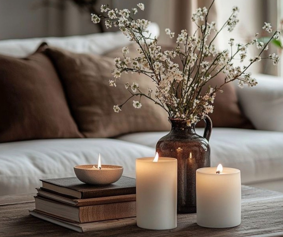 Preparare la casa e l’anima: piccoli gesti Hygge per accogliere l’inverno angolo hygge con candele accese, libri e vaso di fiori che creano ordine, calma e una calda atmosfera invernale