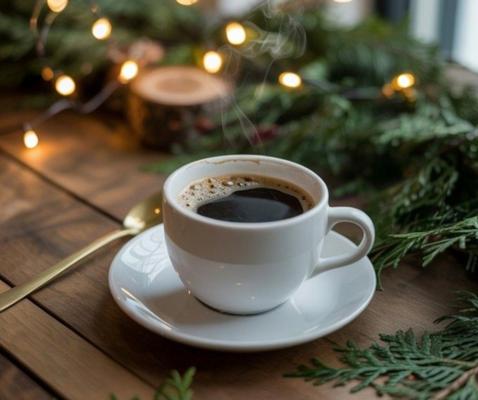 Tazza di caffè caldo circondata da rami verdi e luci soffuse, simbolo di calma, confini emotivi e cura di sé durante dicembre in stile Hygge