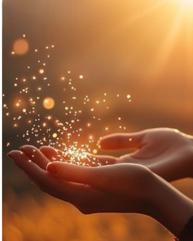 Mani che accolgono scintille di luce dorata al tramonto, simbolo di trasformazione interiore, calma e presenza nello stile Hygge.