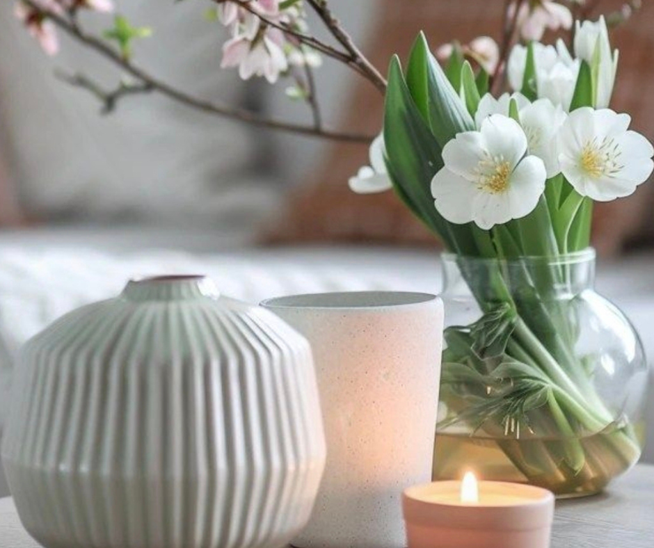 Quando la natura bussa piano Fiori e rami in vaso con candela in casa hygge che rappresentano la natura portata dentro in primavera