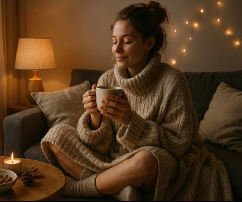 Se sei stanca, fermati un attimo Donna seduta in silenzio davanti a una candela accesa, momento di pausa e cura di sé in stile Hygge