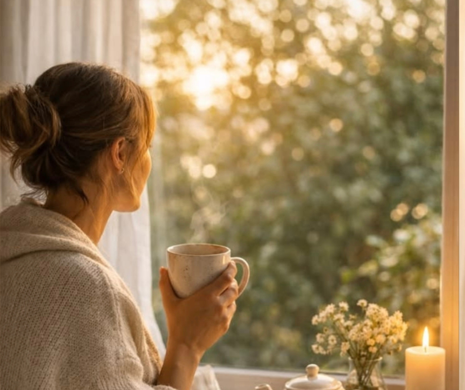 Donna seduta vicino a una finestra con una tazza calda mentre osserva e ascolta i segnali del proprio corpo dopo un periodo di stress.
