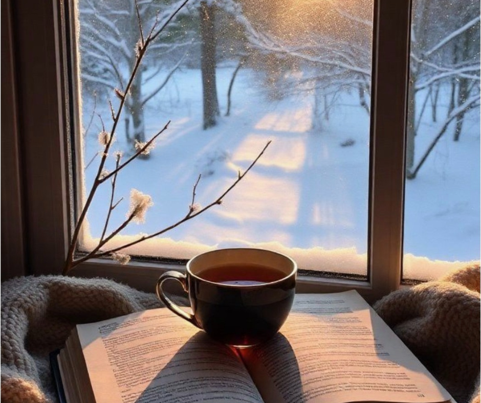 Tazza di tè caldo davanti alla finestra con paesaggio innevato, luce del mattino e atmosfera Hygge di calma e silenzio dopo Natale