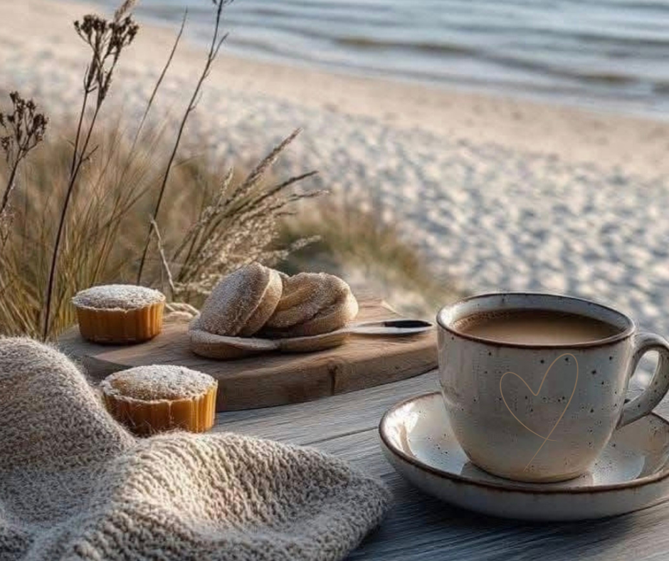 Tazza di tè caldo e dolcetti su un tavolo di legno con coperta morbida, vista mare e atmosfera rilassante.