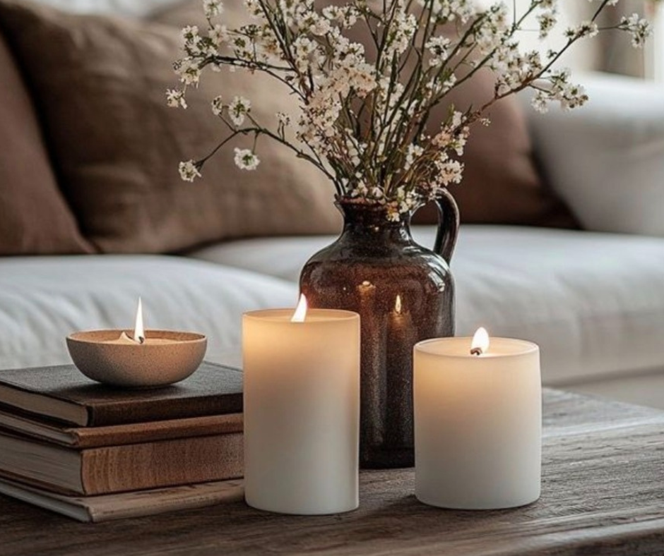 Atmosfera hygge con candele accese e fiori delicati, simbolo di desiderio che torna piano senza pressione