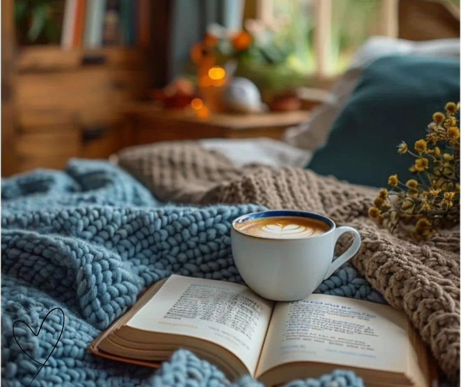 Tazza di cappuccino su un libro aperto, appoggiata su morbide coperte intrecciate, atmosfera hygge di relax e benessere in casa