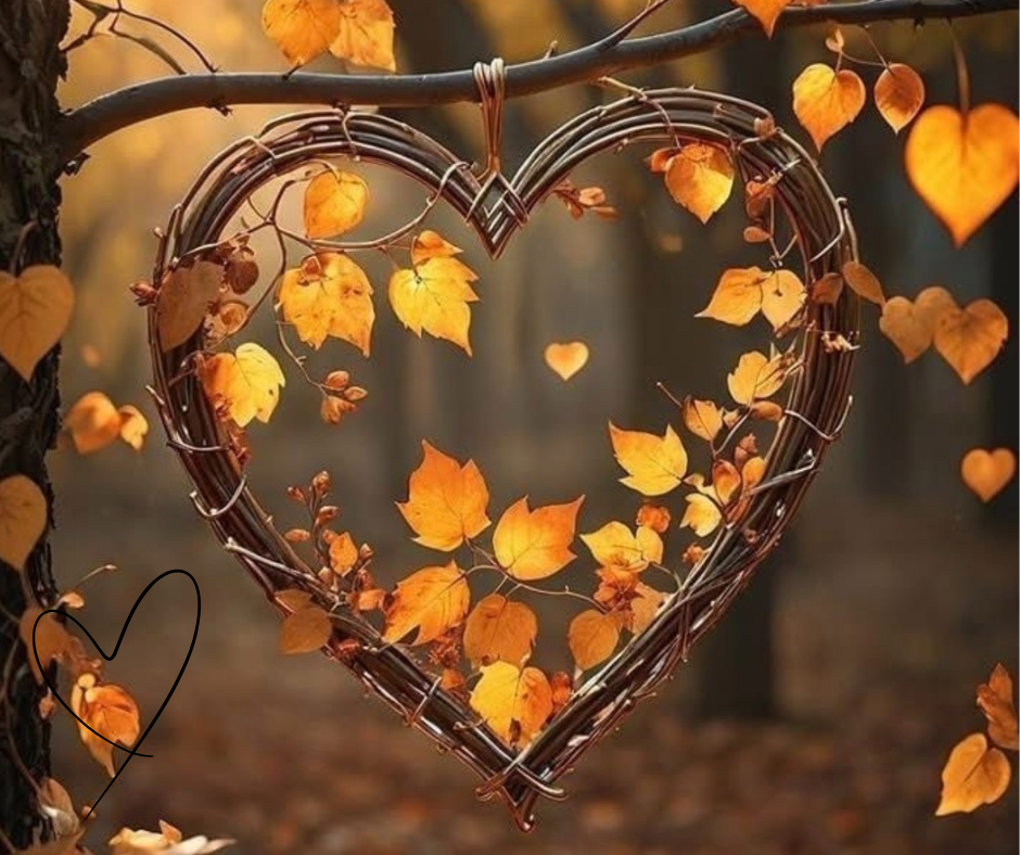 Le radici culturali dell’hygge e cosa possiamo imparare in Italia Decorazione a cuore intrecciato con foglie gialle d’autunno appesa a un ramo nel bosco, simbolo di amore e natura hygge