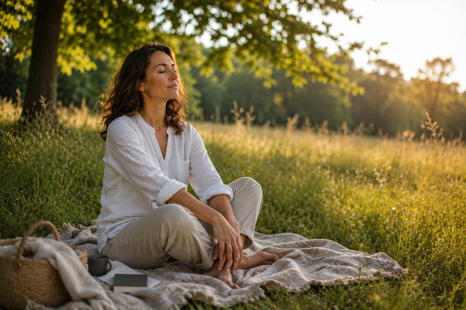 Donna seduta su una coperta in un prato con gli occhi chiusi mentre respira e ritrova calma nella natura.