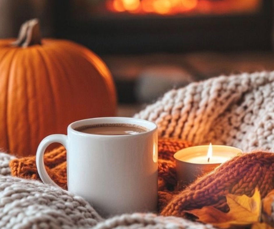 tazza di bevanda calda accanto a una candela accesa, coperta di lana e zucca autunnale per un momento hygge di relax