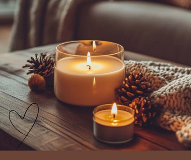 Atmosfera Hygge con candele accese, pigne e calda coperta su un tavolo di legno