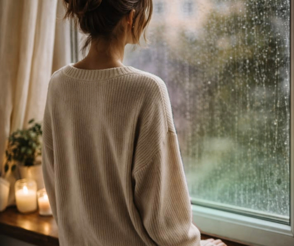 Pensi che il problema sia tutto quello che devi fare donna davanti alla finestra sotto la pioggia simbolo di stress interno e tensione emotiva silenziosa