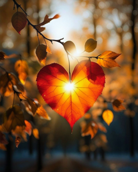 Foglia a forma di cuore illuminata dal sole autunnale, simbolo di connessione, calore e luce interiore nel percorso di crescita personale.
