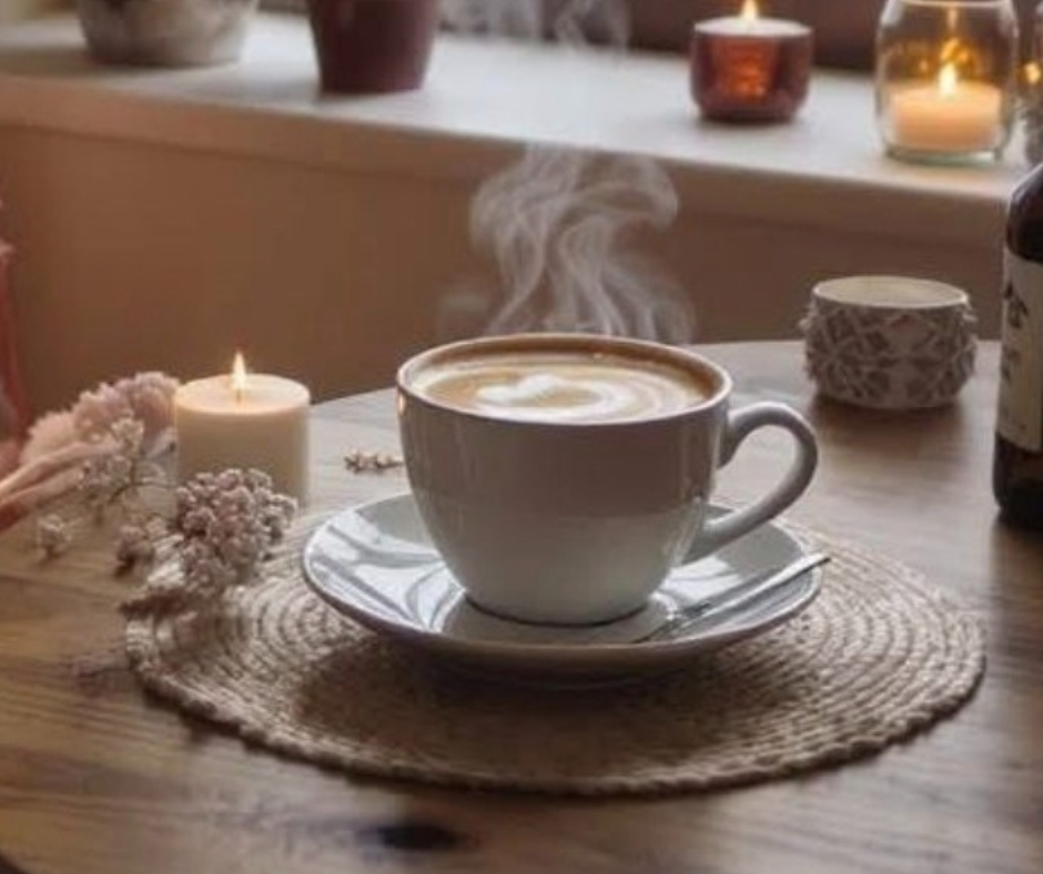 Quando l’energia non torna anche se ti impegni Tazza calda fumante accanto a candele, simbolo di sicurezza e recupero di energia in inverno