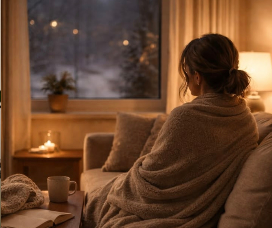 Donna avvolta in una coperta guarda fuori dalla finestra in uno stato di tensione emotiva e iperattivazione serale in atmosfera hygge calda e accogliente.