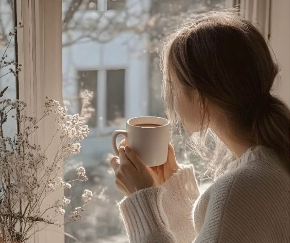 Donna seduta vicino alla finestra con tazza calda tra le mani, simbolo di stanchezza silenziosa e sistema nervoso in allerta in stile hygge