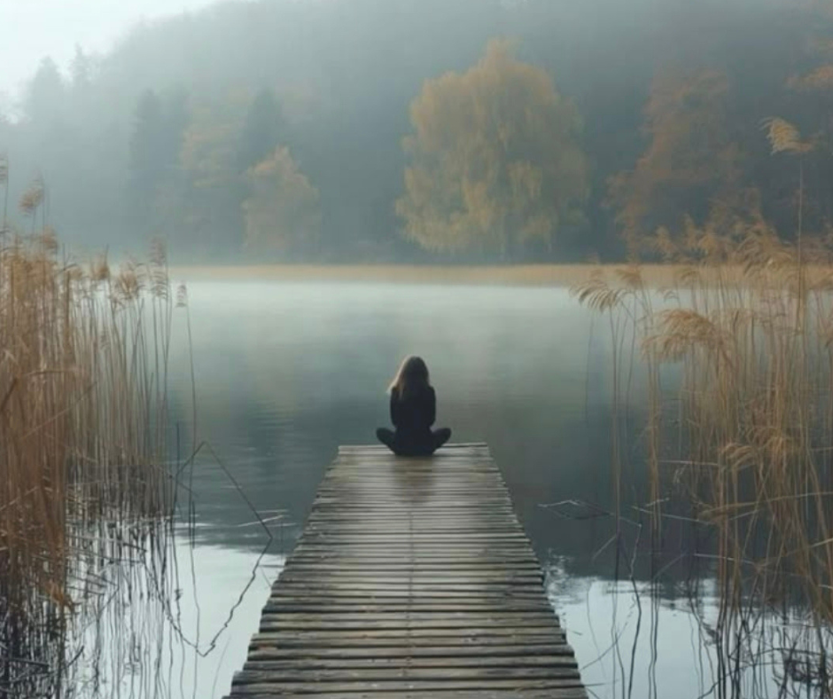 Donna seduta su un pontile sul lago simbolo del cambiamento personale e della solitudine consapevole nelle relazioni